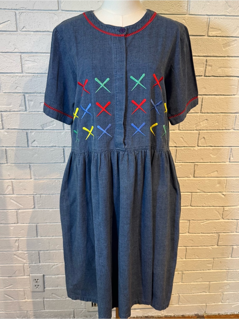 Vintage 80s 90s Go Softly 100% Cotton Denim Embroidered Midi Dress Womens M